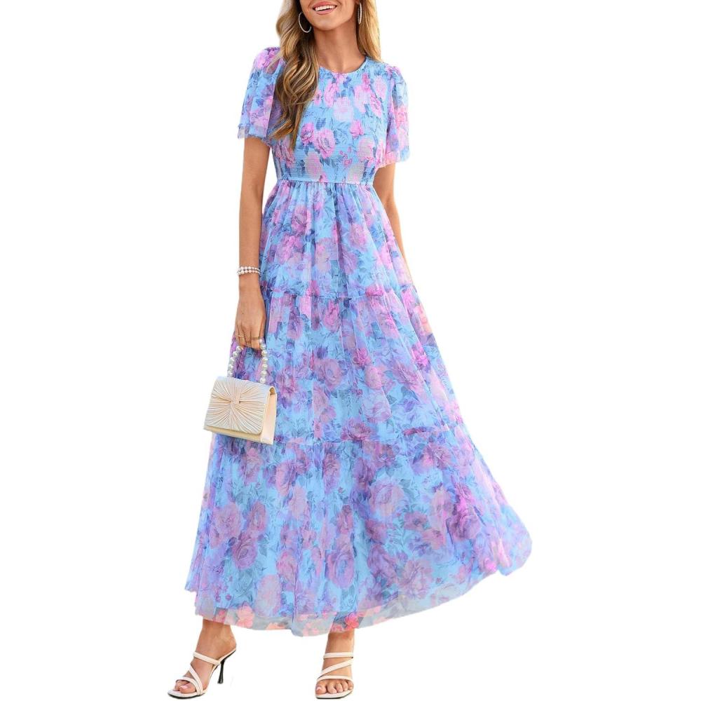imagePRETTYGARDEN Tulle Floral Dress Women Summer Wedding Guest 2026 Spring Short Sleeve Maxi Smocked Flowy Beach Party DressesBlue Pink Floral