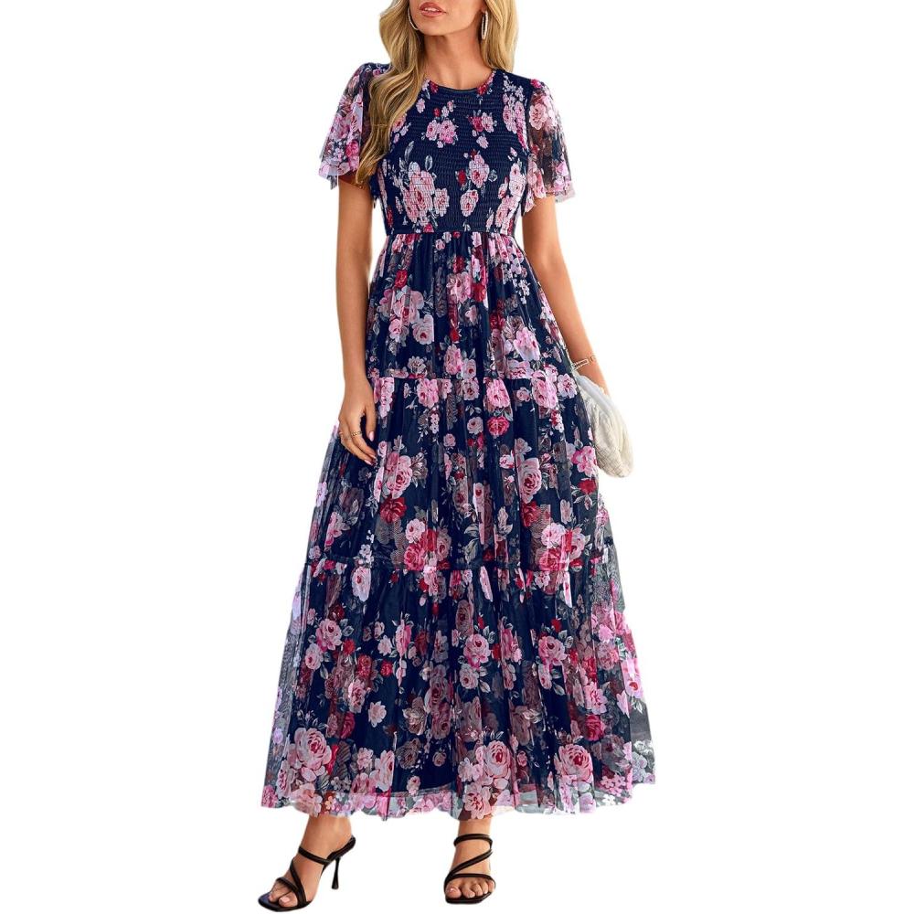 imagePRETTYGARDEN Tulle Floral Dress Women Summer Wedding Guest 2026 Spring Short Sleeve Maxi Smocked Flowy Beach Party DressesNavy Multi Floral