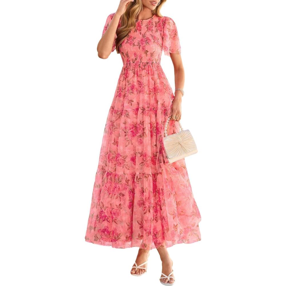 imagePRETTYGARDEN Tulle Floral Dress Women Summer Wedding Guest 2026 Spring Short Sleeve Maxi Smocked Flowy Beach Party DressesOrange Pink Red Floral