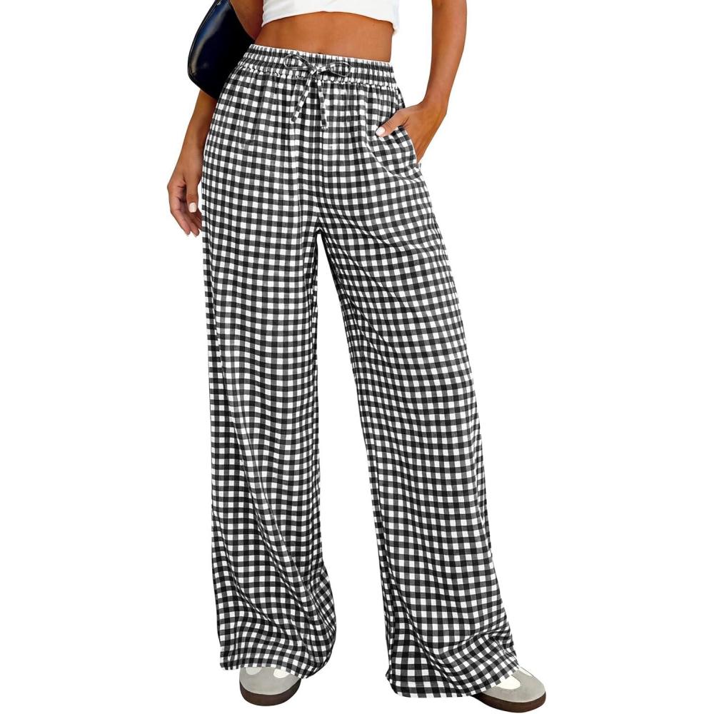 imagePRETTYGARDEN Womens Wide Leg Gingham Lounge Pants Summer 2026 Casual Plaid Trousers Spring Y2K Clothes Comfy Pajama BottomsBlack Plaid