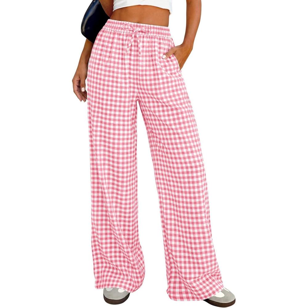 imagePRETTYGARDEN Womens Wide Leg Gingham Lounge Pants Summer 2026 Casual Plaid Trousers Spring Y2K Clothes Comfy Pajama BottomsPink Plaid