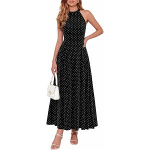 PRETTYGARDEN Summer Halter Dresses for Women 2026 Vacation Outfits Sleeveless Polka Dot Sundress Wedding Guest Maxi Dress(Dot Black White)
