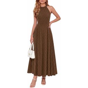 PRETTYGARDEN Summer Halter Dresses for Women 2026 Vacation Outfits Sleeveless Polka Dot Sundress Wedding Guest Maxi Dress(Dot Brown Apricot)