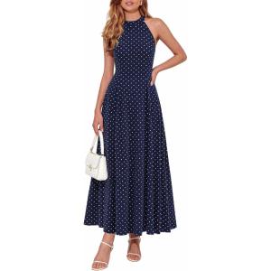 PRETTYGARDEN Summer Halter Dresses for Women 2026 Vacation Outfits Sleeveless Polka Dot Sundress Wedding Guest Maxi Dress(Dot Dark Blue White)