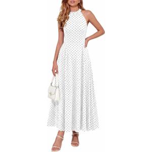 PRETTYGARDEN Summer Halter Dresses for Women 2026 Vacation Outfits Sleeveless Polka Dot Sundress Wedding Guest Maxi Dress(Dot White Black)