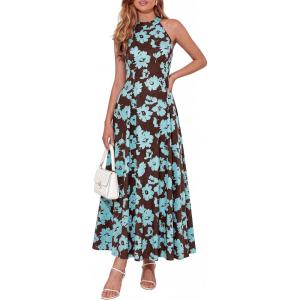 PRETTYGARDEN Summer Halter Dresses for Women 2026 Vacation Outfits Sleeveless Polka Dot Sundress Wedding Guest Maxi Dress(Floral Brown Blue)