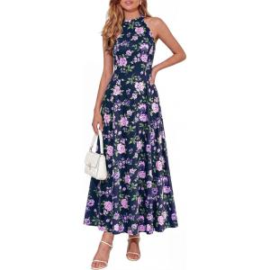 PRETTYGARDEN Summer Halter Dresses for Women 2026 Vacation Outfits Sleeveless Polka Dot Sundress Wedding Guest Maxi Dress(Floral Dark Blue Purple)