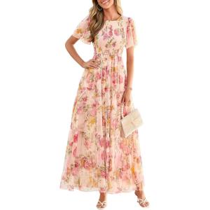 PRETTYGARDEN Tulle Floral Dress Women Summer Wedding Guest 2026 Spring Short Sleeve Maxi Smocked Flowy Beach Party Dresses(Apricot Multi Floral)