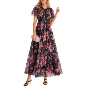 PRETTYGARDEN Tulle Floral Dress Women Summer Wedding Guest 2026 Spring Short Sleeve Maxi Smocked Flowy Beach Party Dresses(Black Floral)