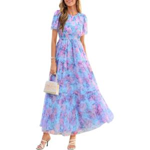 PRETTYGARDEN Tulle Floral Dress Women Summer Wedding Guest 2026 Spring Short Sleeve Maxi Smocked Flowy Beach Party Dresses(Blue Pink Floral)