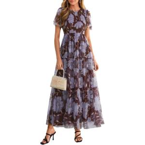 PRETTYGARDEN Tulle Floral Dress Women Summer Wedding Guest 2026 Spring Short Sleeve Maxi Smocked Flowy Beach Party Dresses(Brown Blue Floral)