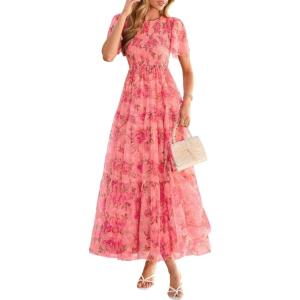 PRETTYGARDEN Tulle Floral Dress Women Summer Wedding Guest 2026 Spring Short Sleeve Maxi Smocked Flowy Beach Party Dresses(Orange Pink Red Floral)