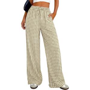PRETTYGARDEN Women’s Wide Leg Gingham Lounge Pants Summer 2026 Casual Plaid Trousers Spring Y2K Clothes Comfy Pajama Bottoms(Army Green Plaid)