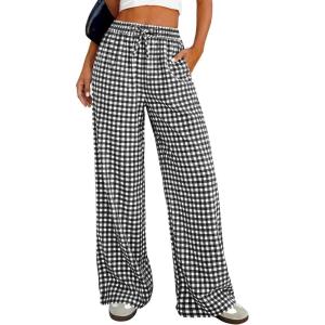 PRETTYGARDEN Women’s Wide Leg Gingham Lounge Pants Summer 2026 Casual Plaid Trousers Spring Y2K Clothes Comfy Pajama Bottoms(Black Plaid)
