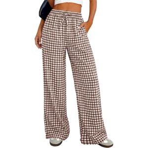 PRETTYGARDEN Women’s Wide Leg Gingham Lounge Pants Summer 2026 Casual Plaid Trousers Spring Y2K Clothes Comfy Pajama Bottoms(Brown Plaid)