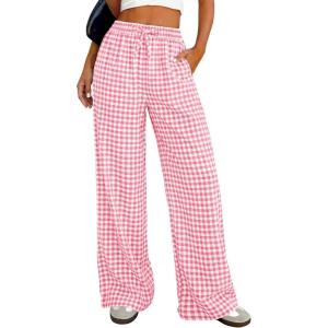 PRETTYGARDEN Women’s Wide Leg Gingham Lounge Pants Summer 2026 Casual Plaid Trousers Spring Y2K Clothes Comfy Pajama Bottoms(Pink Plaid)