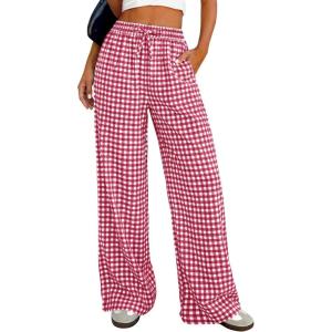 PRETTYGARDEN Women’s Wide Leg Gingham Lounge Pants Summer 2026 Casual Plaid Trousers Spring Y2K Clothes Comfy Pajama Bottoms(Red Plaid)