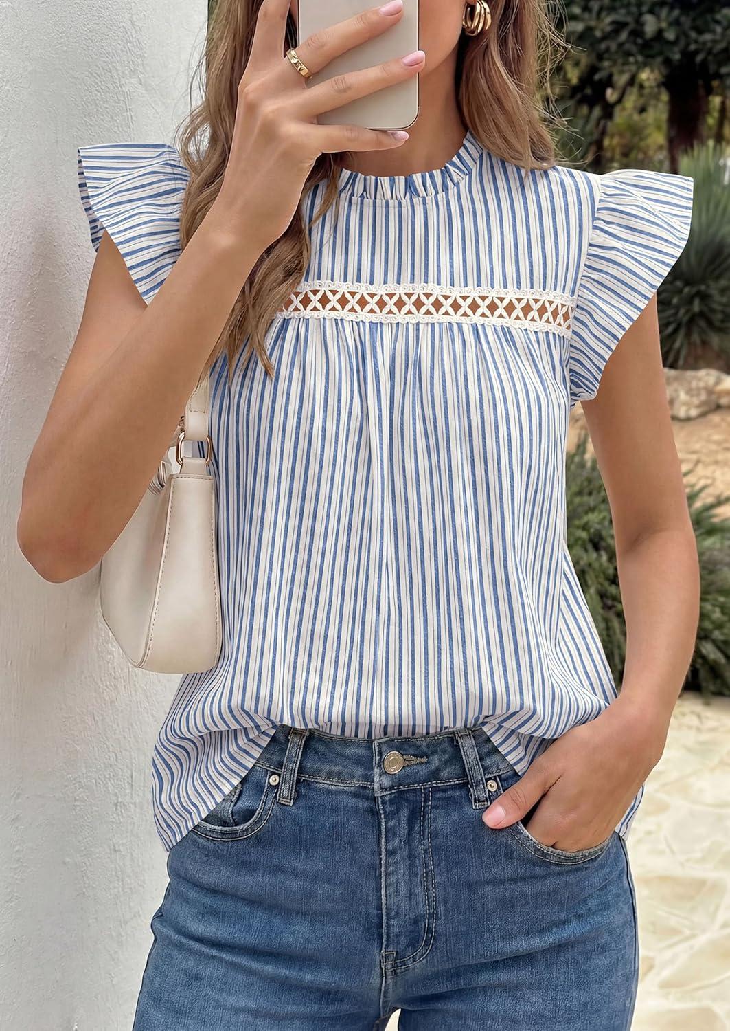 imagePRETTYGARDEN Striped Shirt Womens Summer Tops 2026 Spring Business Casual Work Dressy Crochet Lace Ruffle Cap Sleeve BlouseBlue Striped