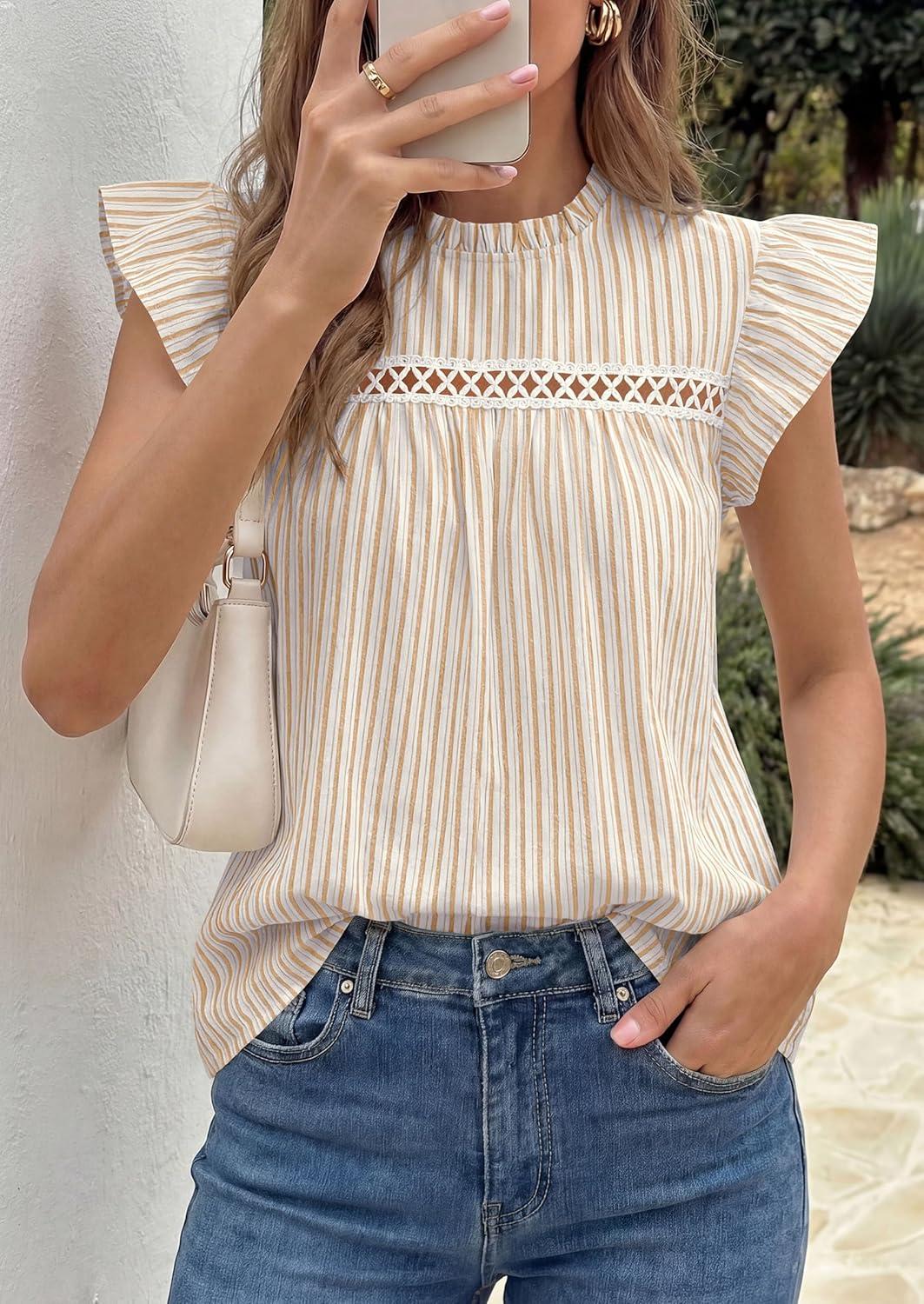 imagePRETTYGARDEN Striped Shirt Womens Summer Tops 2026 Spring Business Casual Work Dressy Crochet Lace Ruffle Cap Sleeve BlouseKhaki Striped