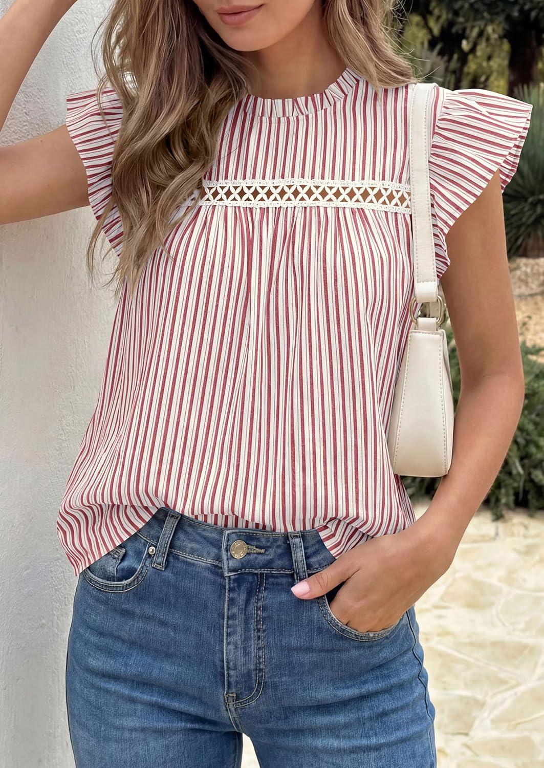 imagePRETTYGARDEN Striped Shirt Womens Summer Tops 2026 Spring Business Casual Work Dressy Crochet Lace Ruffle Cap Sleeve BlouseRed Striped
