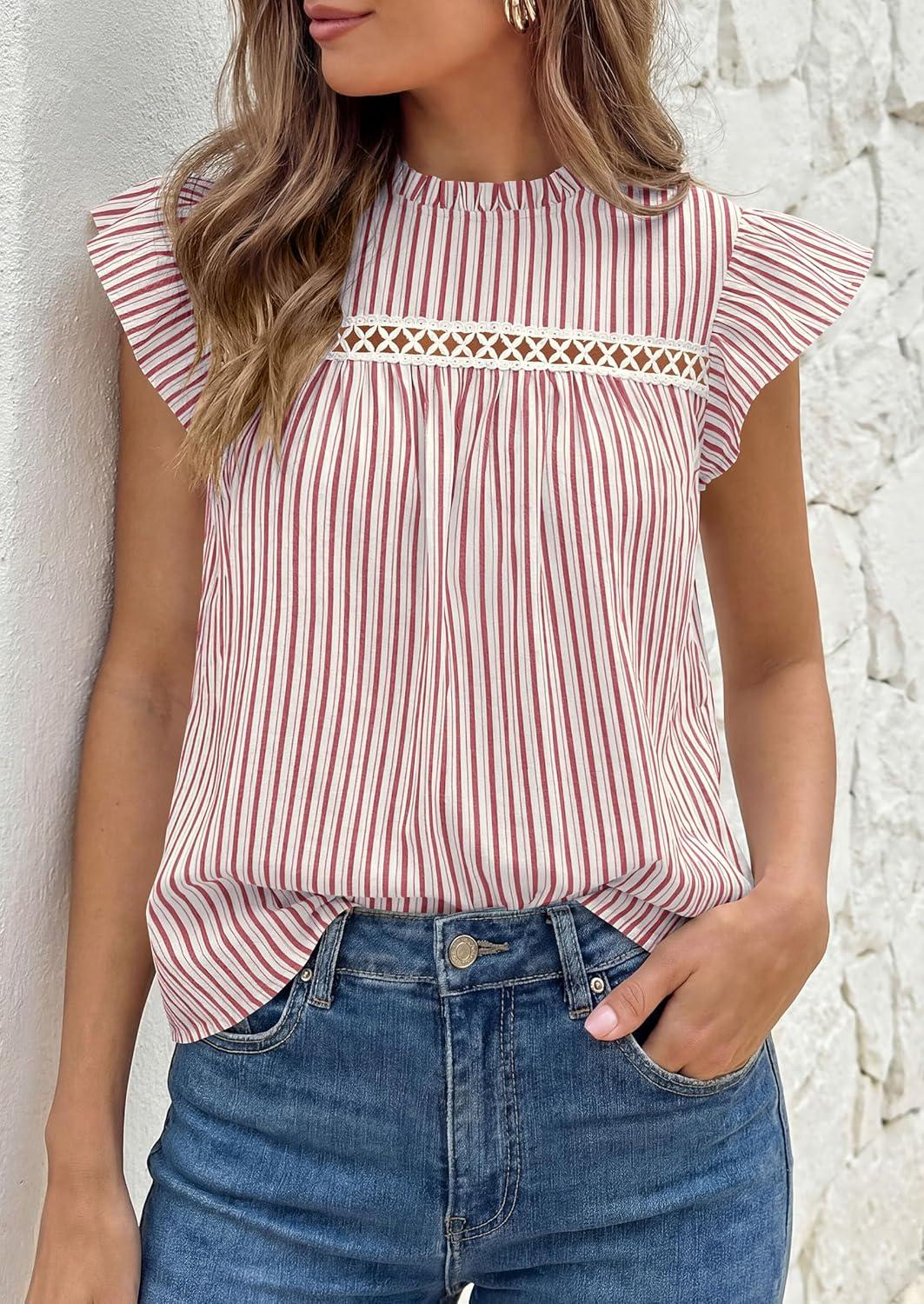 imagePRETTYGARDEN Striped Shirt Womens Summer Tops 2026 Spring Business Casual Work Dressy Crochet Lace Ruffle Cap Sleeve BlouseRed Striped