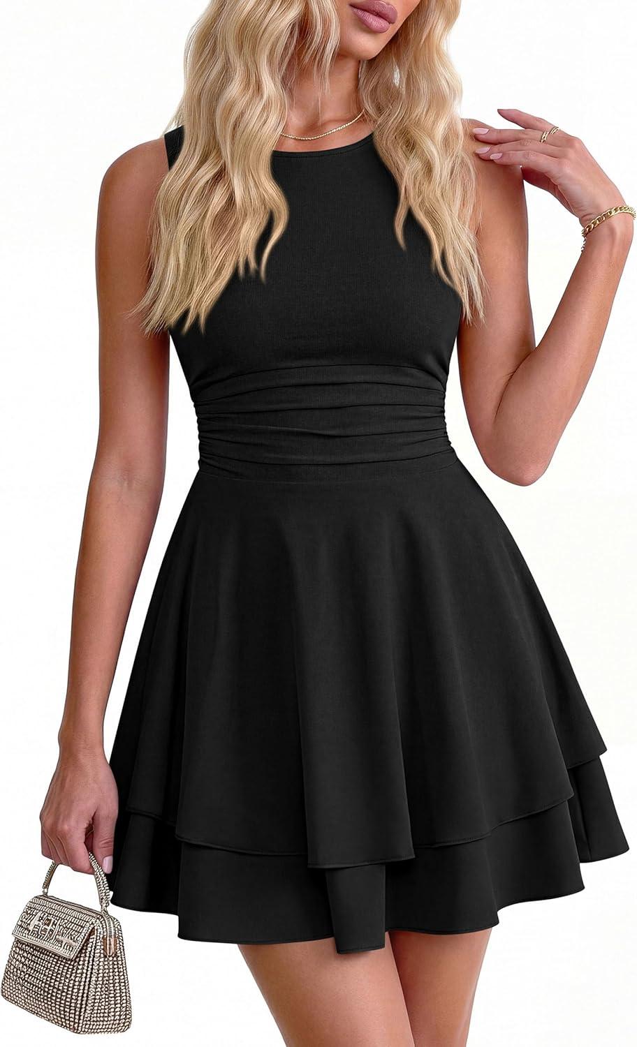 imagePRETTYGARDEN Womens 2026 Summer Mini Dress Sleeveless Ruched A Line Ruffle Flowy Short Cute Dresses Party Date Night OutfitsBlack