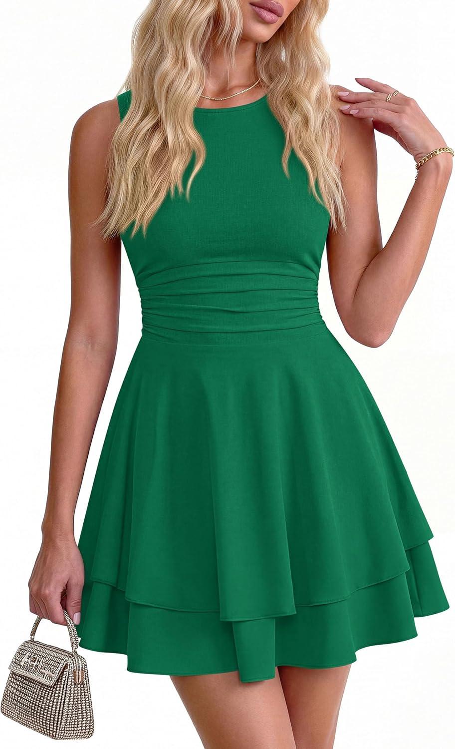 imagePRETTYGARDEN Womens 2026 Summer Mini Dress Sleeveless Ruched A Line Ruffle Flowy Short Cute Dresses Party Date Night OutfitsGreen