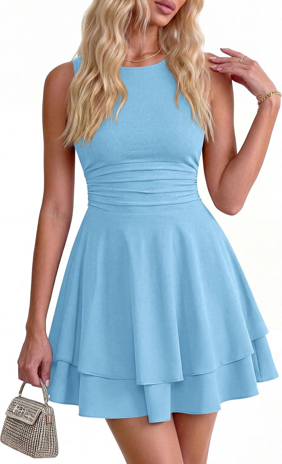 imagePRETTYGARDEN Womens 2026 Summer Mini Dress Sleeveless Ruched A Line Ruffle Flowy Short Cute Dresses Party Date Night OutfitsLight Blue