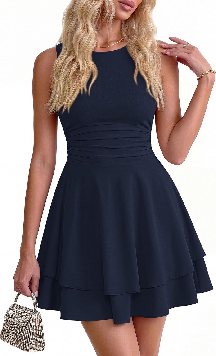 imagePRETTYGARDEN Womens 2026 Summer Mini Dress Sleeveless Ruched A Line Ruffle Flowy Short Cute Dresses Party Date Night OutfitsNavy Blue