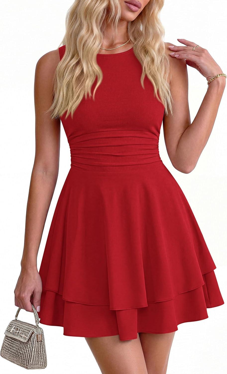 imagePRETTYGARDEN Womens 2026 Summer Mini Dress Sleeveless Ruched A Line Ruffle Flowy Short Cute Dresses Party Date Night OutfitsRed