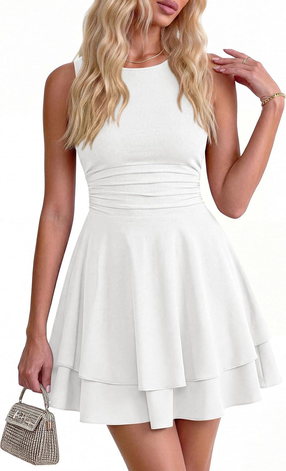 imagePRETTYGARDEN Womens 2026 Summer Mini Dress Sleeveless Ruched A Line Ruffle Flowy Short Cute Dresses Party Date Night OutfitsWhite