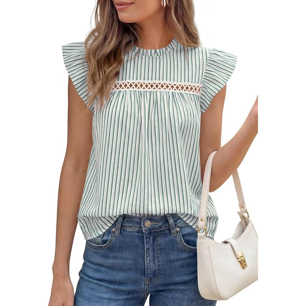 imagePRETTYGARDEN Striped Shirt Womens Summer Tops 2026 Spring Business Casual Work Dressy Crochet Lace Ruffle Cap Sleeve BlouseGreen Striped