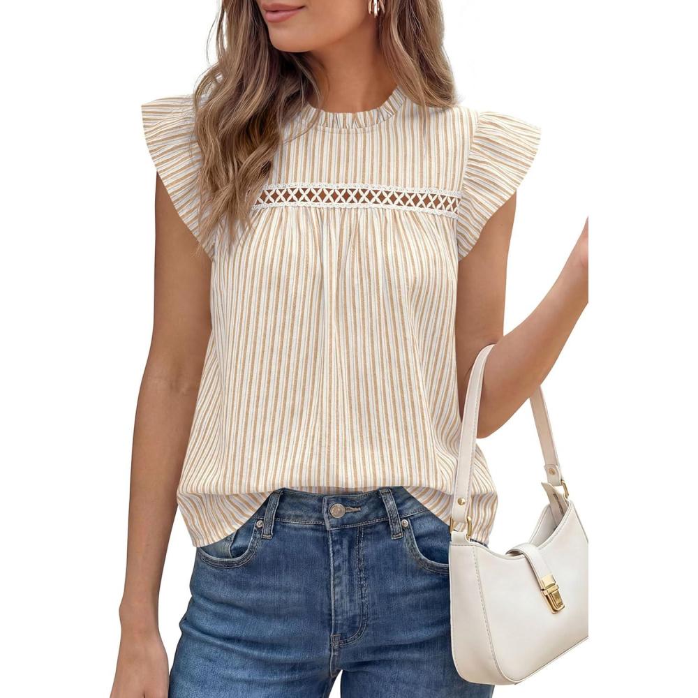 imagePRETTYGARDEN Striped Shirt Womens Summer Tops 2026 Spring Business Casual Work Dressy Crochet Lace Ruffle Cap Sleeve BlouseKhaki Striped