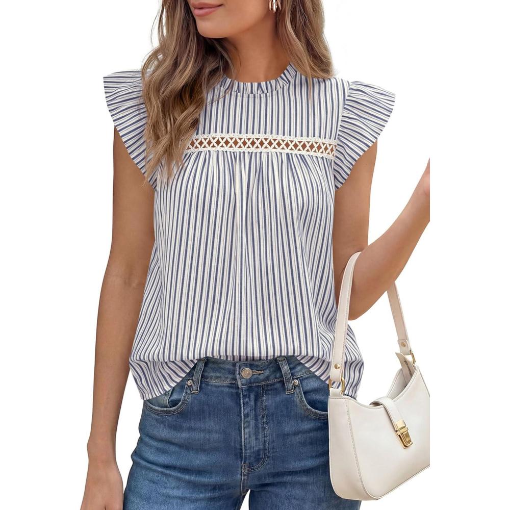 imagePRETTYGARDEN Striped Shirt Womens Summer Tops 2026 Spring Business Casual Work Dressy Crochet Lace Ruffle Cap Sleeve BlouseNavy Blue Striped