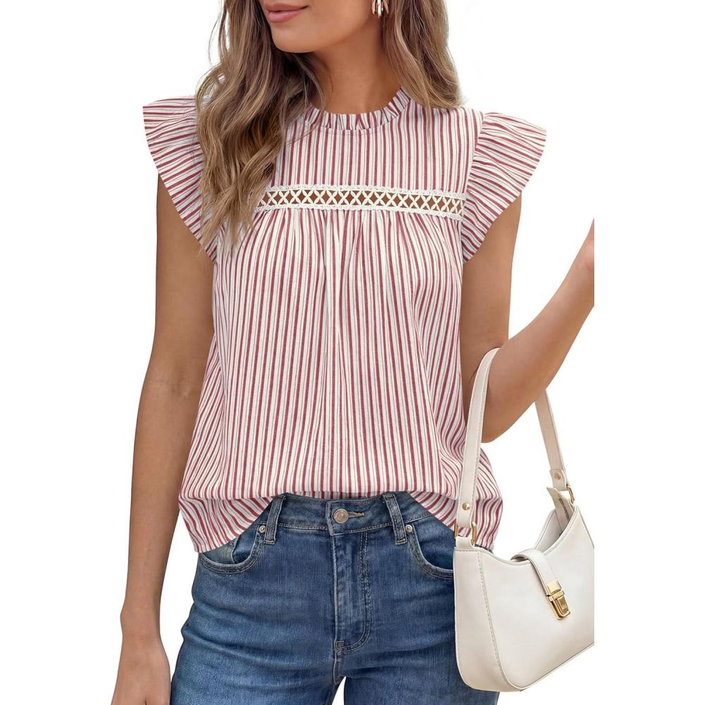 imagePRETTYGARDEN Striped Shirt Womens Summer Tops 2026 Spring Business Casual Work Dressy Crochet Lace Ruffle Cap Sleeve BlouseRed Striped