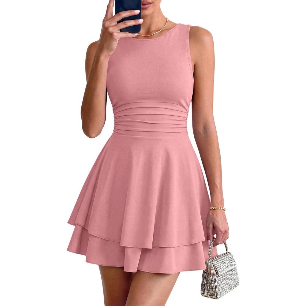 imagePRETTYGARDEN Womens 2026 Summer Mini Dress Sleeveless Ruched A Line Ruffle Flowy Short Cute Dresses Party Date Night OutfitsPink