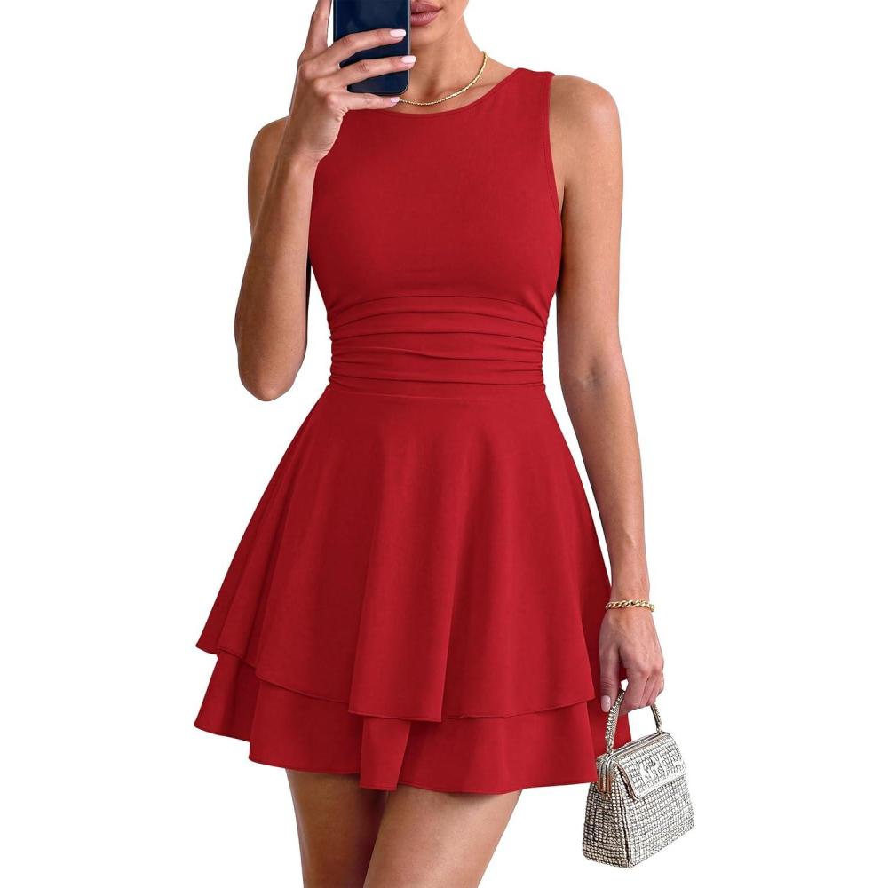 imagePRETTYGARDEN Womens 2026 Summer Mini Dress Sleeveless Ruched A Line Ruffle Flowy Short Cute Dresses Party Date Night OutfitsRed