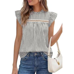 PRETTYGARDEN Striped Shirt Womens Summer Tops 2026 Spring Business Casual Work Dressy Crochet Lace Ruffle Cap Sleeve Blouse(Black Striped)