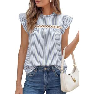 PRETTYGARDEN Striped Shirt Womens Summer Tops 2026 Spring Business Casual Work Dressy Crochet Lace Ruffle Cap Sleeve Blouse(Blue Striped)