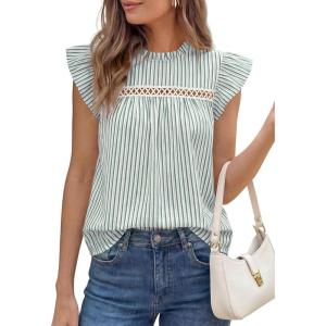 PRETTYGARDEN Striped Shirt Womens Summer Tops 2026 Spring Business Casual Work Dressy Crochet Lace Ruffle Cap Sleeve Blouse(Green Striped)