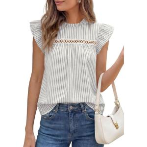 PRETTYGARDEN Striped Shirt Womens Summer Tops 2026 Spring Business Casual Work Dressy Crochet Lace Ruffle Cap Sleeve Blouse(Grey Striped)