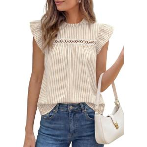PRETTYGARDEN Striped Shirt Womens Summer Tops 2026 Spring Business Casual Work Dressy Crochet Lace Ruffle Cap Sleeve Blouse(Khaki Striped)