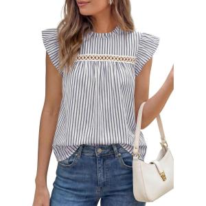PRETTYGARDEN Striped Shirt Womens Summer Tops 2026 Spring Business Casual Work Dressy Crochet Lace Ruffle Cap Sleeve Blouse(Navy Blue Striped)
