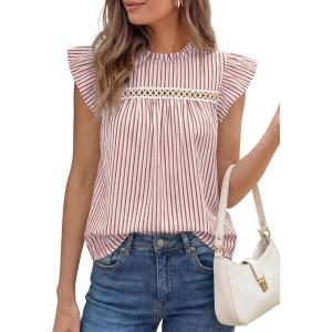 PRETTYGARDEN Striped Shirt Womens Summer Tops 2026 Spring Business Casual Work Dressy Crochet Lace Ruffle Cap Sleeve Blouse(Red Striped)