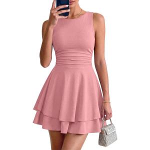 PRETTYGARDEN Women’s 2026 Summer Mini Dress Sleeveless Ruched A Line Ruffle Flowy Short Cute Dresses Party Date Night Outfits(Pink)