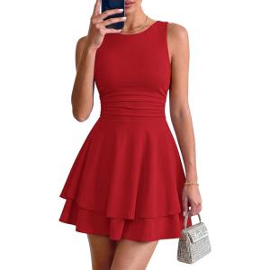 PRETTYGARDEN Women’s 2026 Summer Mini Dress Sleeveless Ruched A Line Ruffle Flowy Short Cute Dresses Party Date Night Outfits(Red)