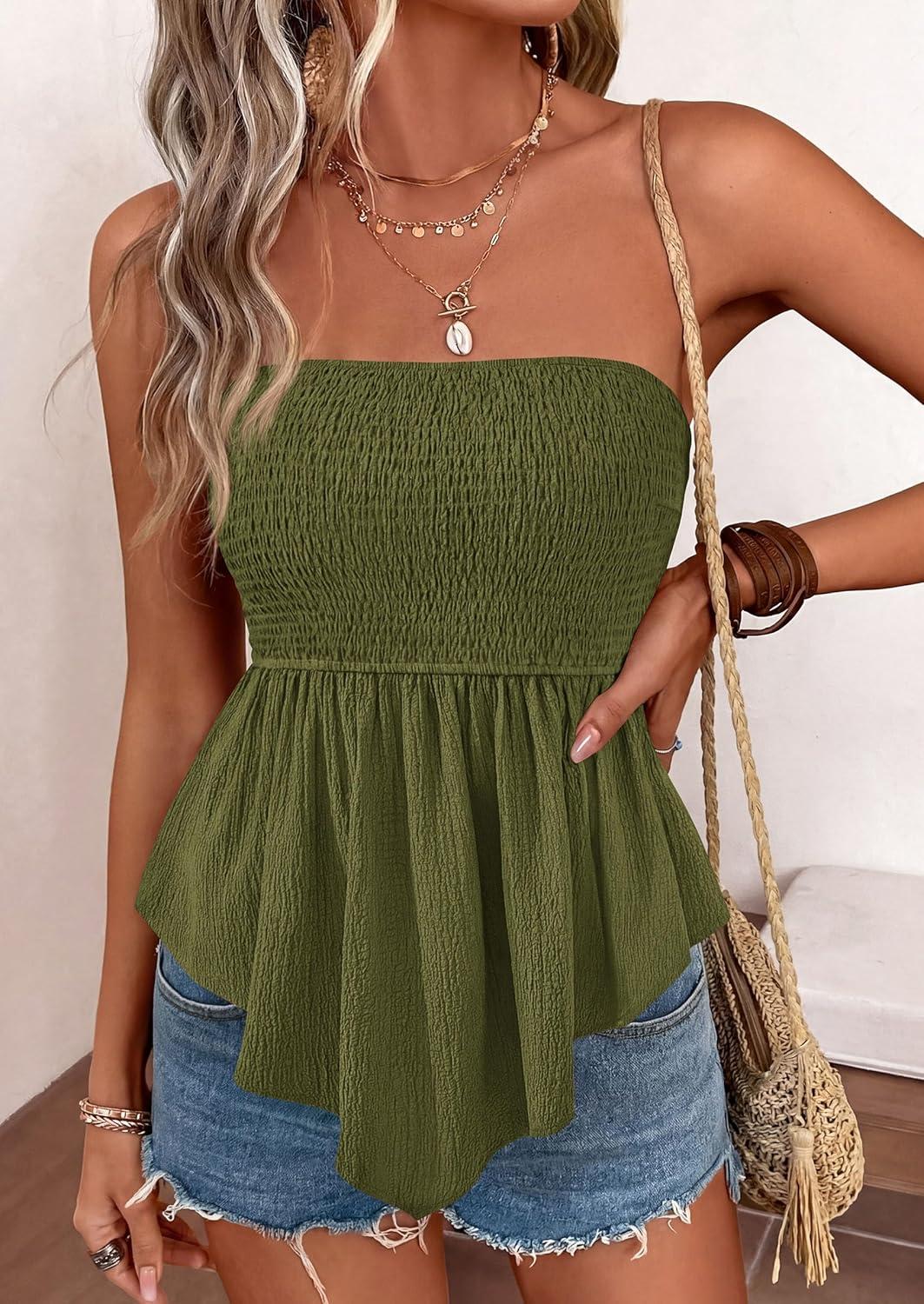 imagePRETTYGARDEN Womens Strapless Smocked Tube Tops Summer 2026 Trendy Flowy Peplum Bandeau Shirts Going Out Date Spring ClothesArmy Green