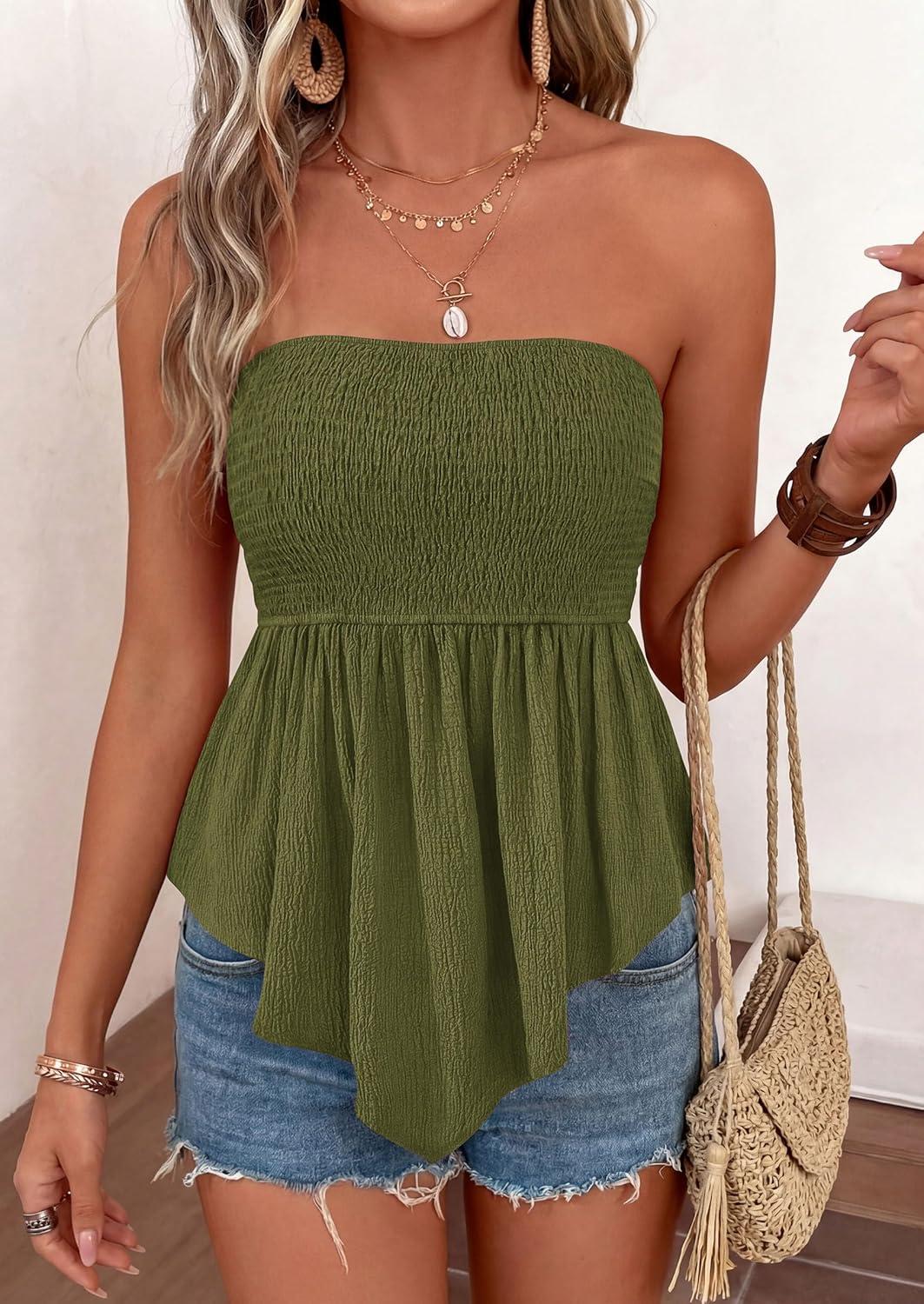 imagePRETTYGARDEN Womens Strapless Smocked Tube Tops Summer 2026 Trendy Flowy Peplum Bandeau Shirts Going Out Date Spring ClothesArmy Green
