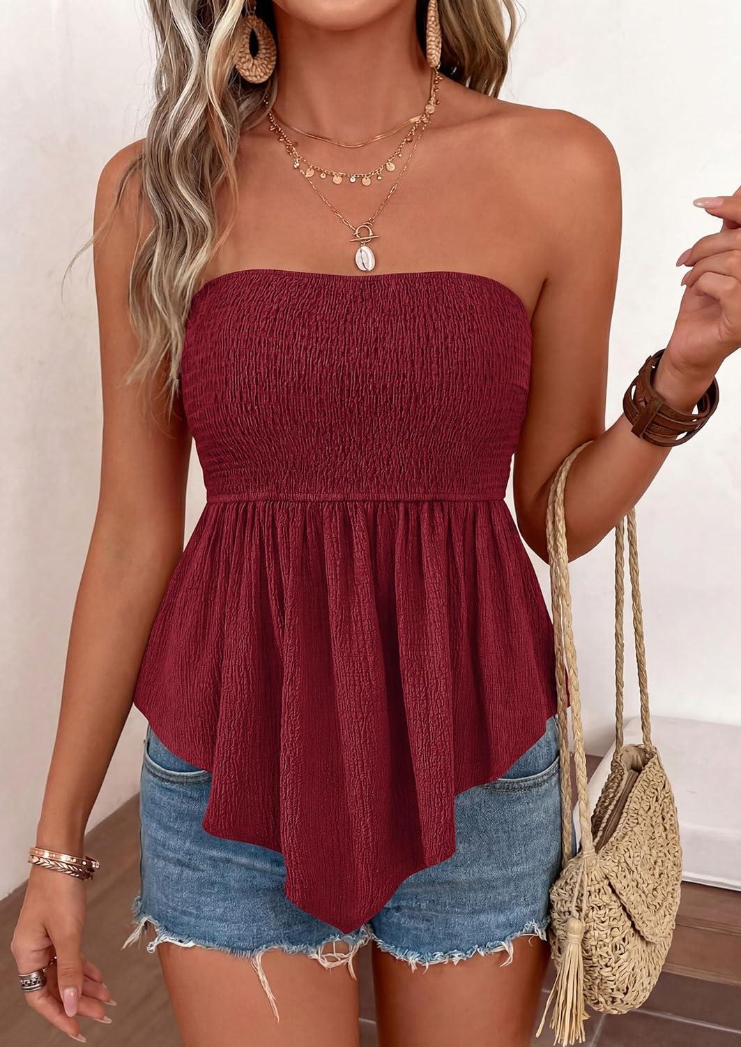 imagePRETTYGARDEN Womens Strapless Smocked Tube Tops Summer 2026 Trendy Flowy Peplum Bandeau Shirts Going Out Date Spring ClothesBurgundy
