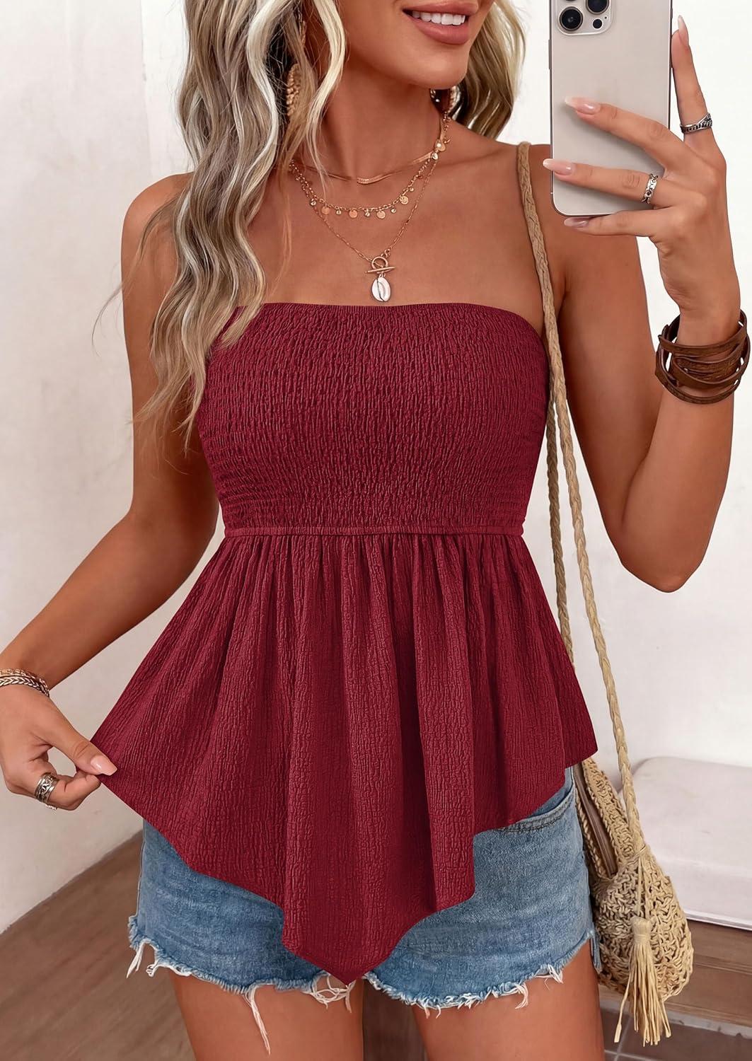 imagePRETTYGARDEN Womens Strapless Smocked Tube Tops Summer 2026 Trendy Flowy Peplum Bandeau Shirts Going Out Date Spring ClothesBurgundy